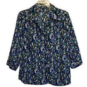 Blue, Lime Green & White 3/4 Sleeve Button Down Shirt, Women’s Plus Size 1X